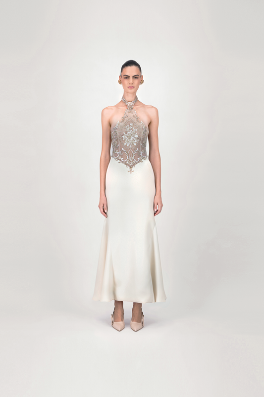 Halter Neck Embroidered Crepe Midi Dress