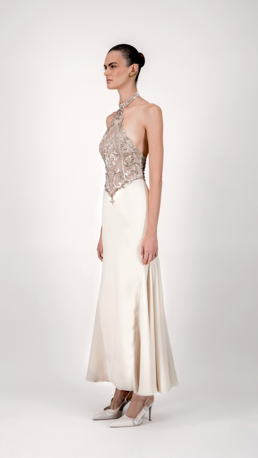 Halter Neck Embroidered Crepe Midi Dress