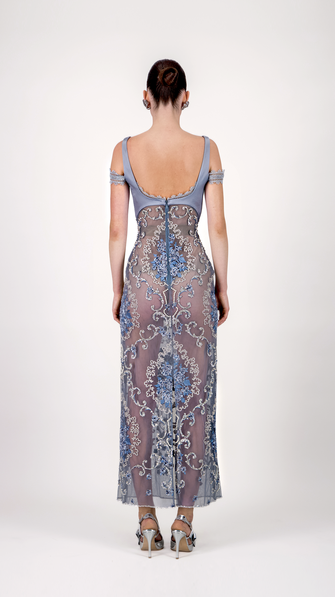 Cold-Shoulder Embroidered Midi Dress