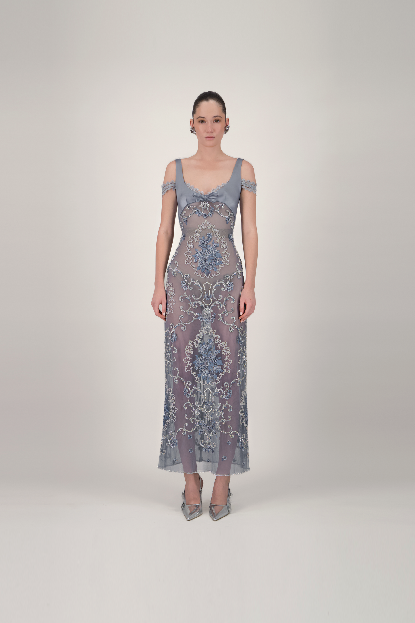 Cold-Shoulder Embroidered Midi Dress