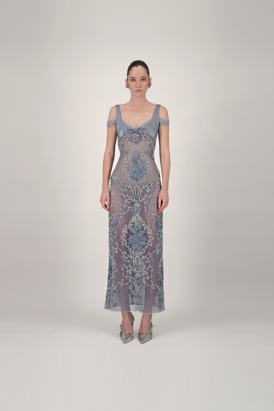 Cold-Shoulder Embroidered Midi Dress