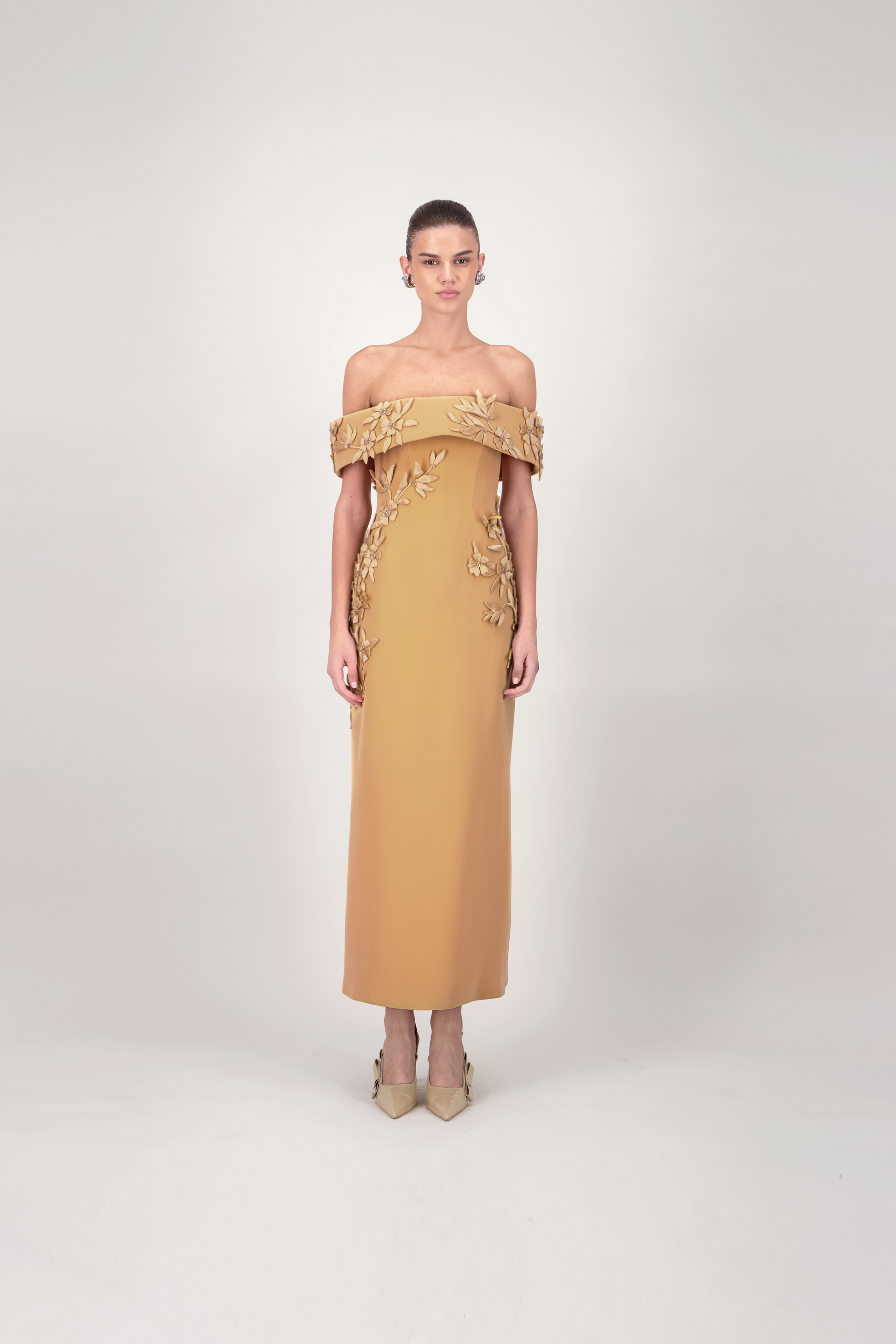 off the shoulder floral midi dress With High Slit BLACK/MULTI / L Off shoulder Marchesa Notte Off-Shoulder Floral Applique