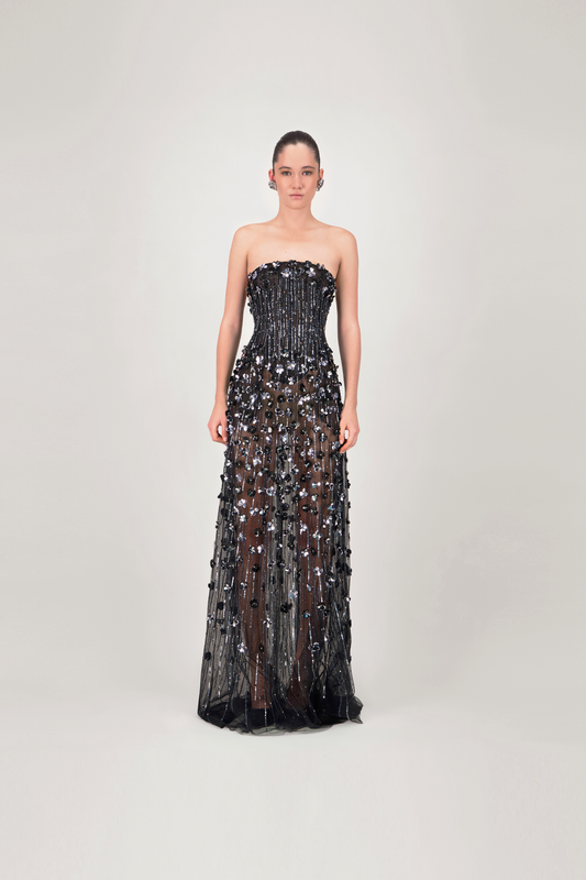 Strapless Embellished Sheer Long Dress