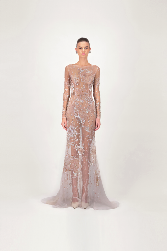 Sheer Embellished Long Dress