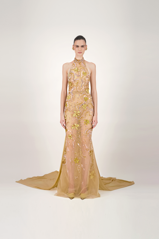 Halter Embroidered Tulle Long Dress