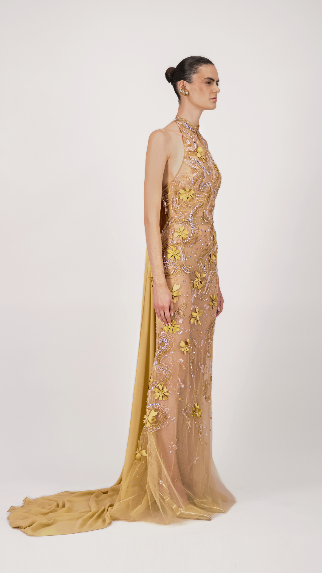 Halter Embroidered Tulle Long Dress