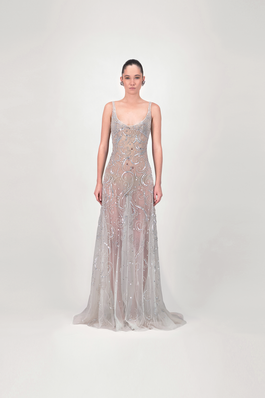 Embellished Strap Sheer Long Dress