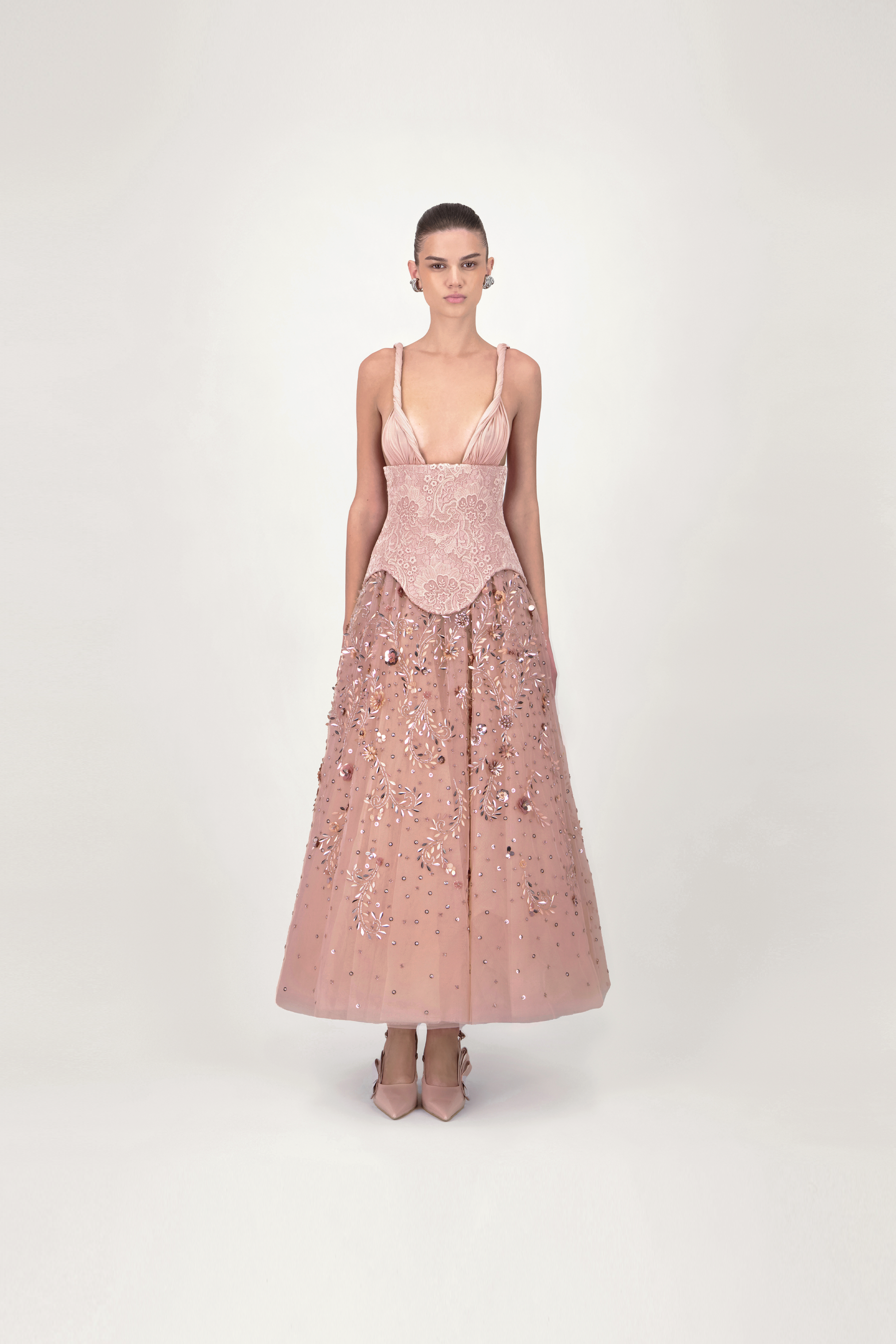 embellished corset tulle skirt midi dress in blush Misty Rose Tulle Maxi Dress with a Corset Bustier XL / 10 / Misty Rose