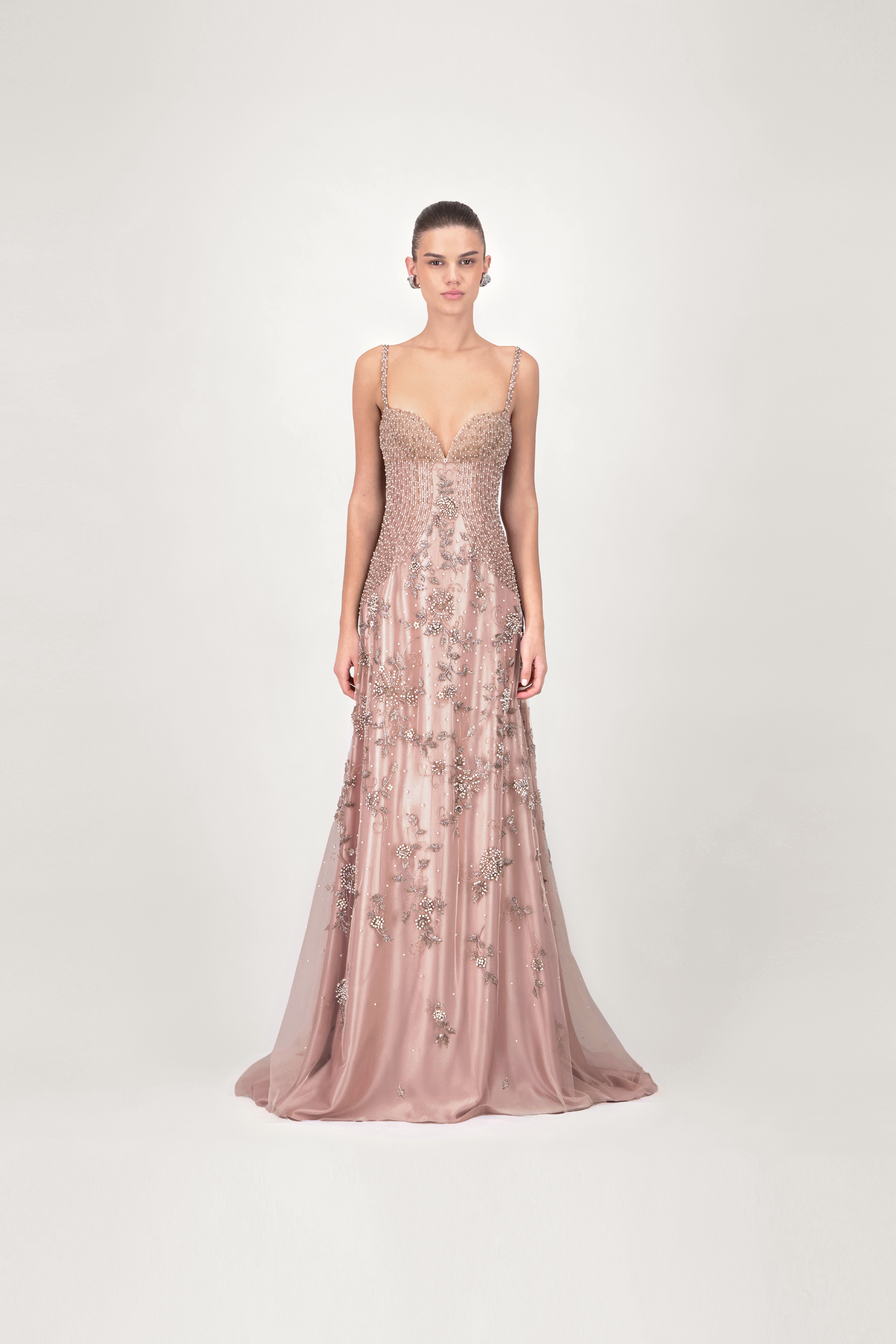 V-Neck Strap Embellished Long Dress – Georges Hobeika