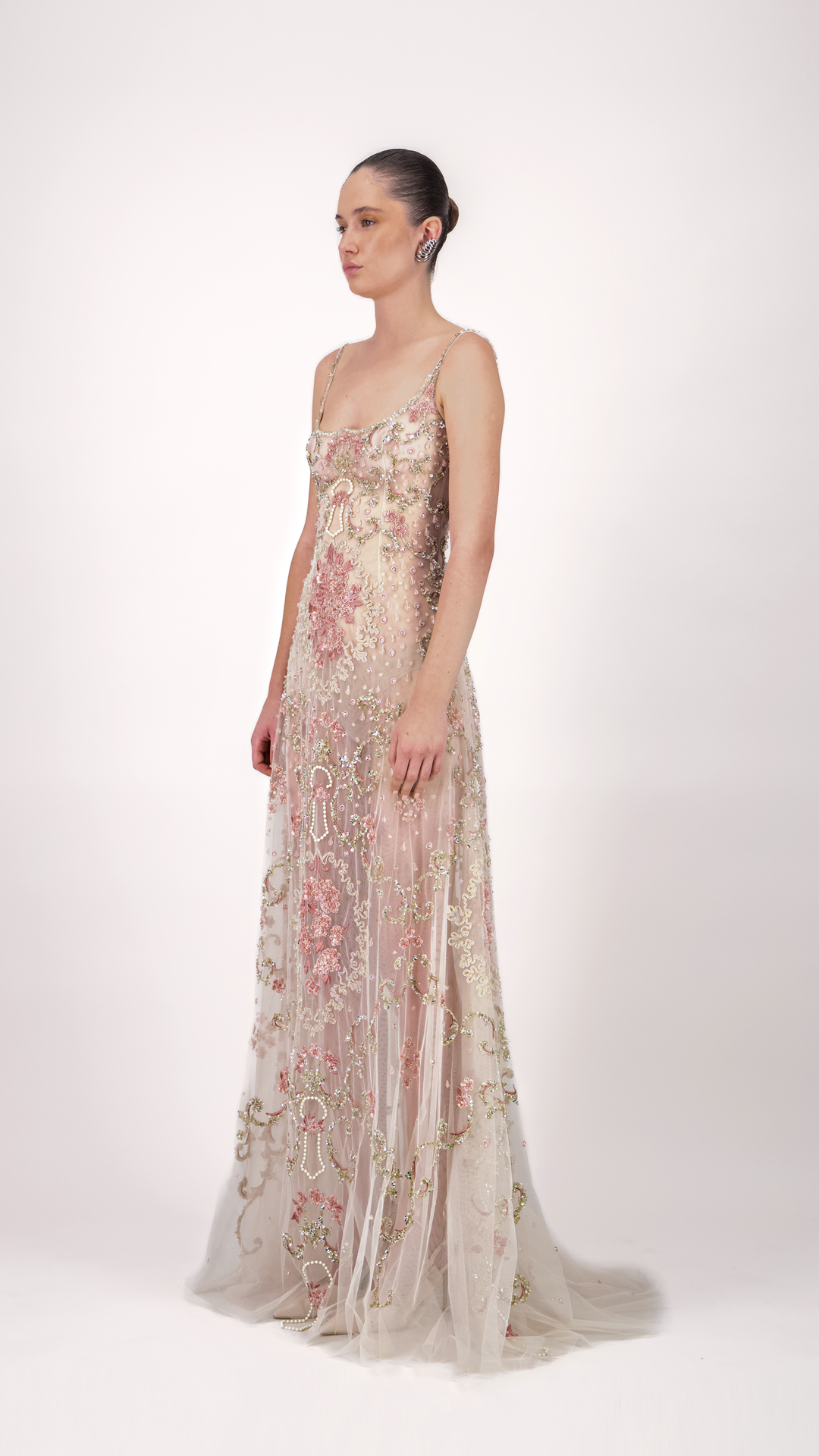 Floral Embroidered Strap Long Dress