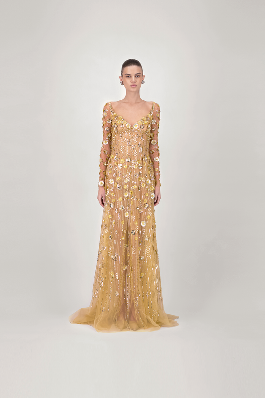 Floral Beaded Long Sleeve Long Dress