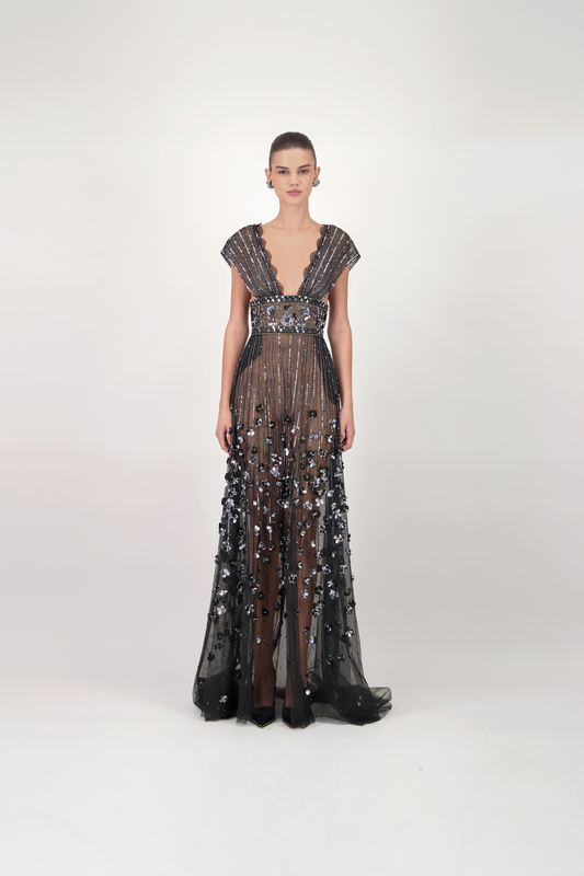 Embellished Deep V Long Dress