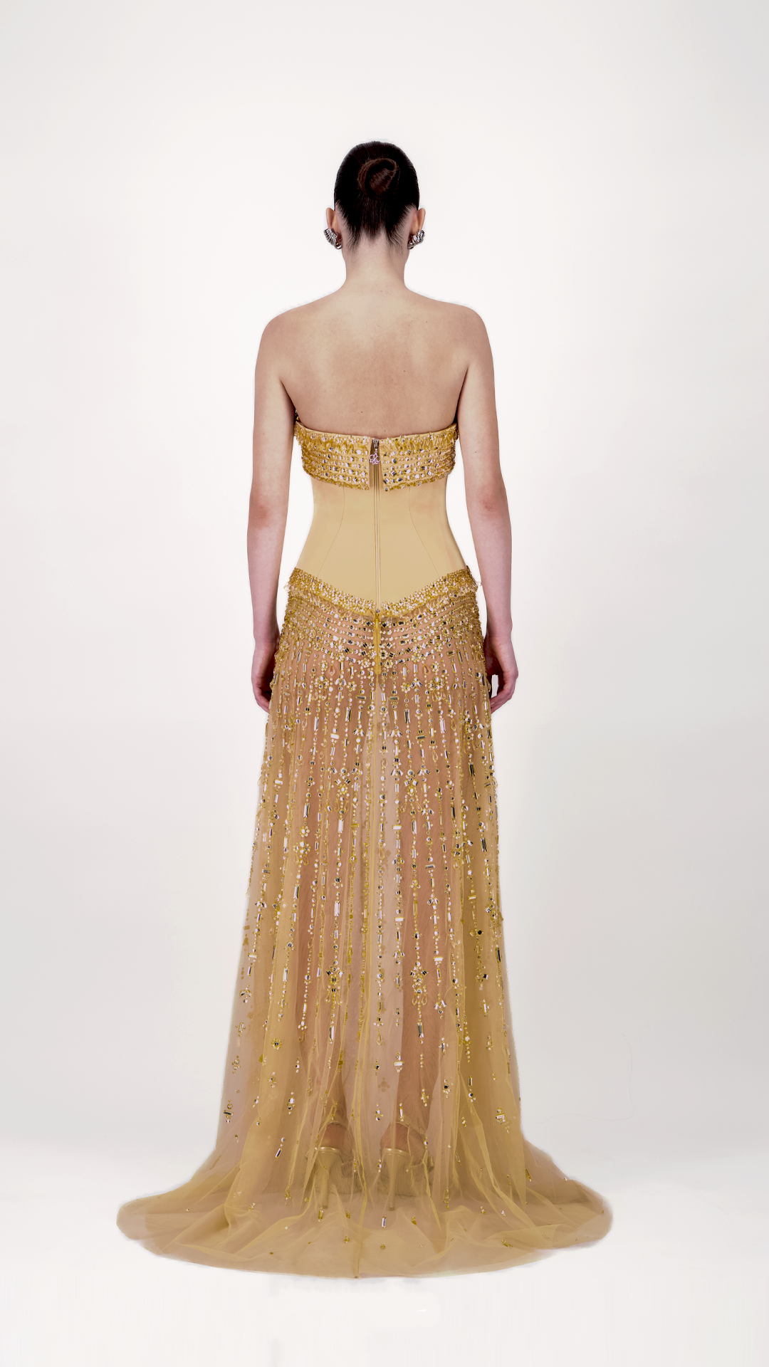 Strapless Embellished Tulle Long Dress