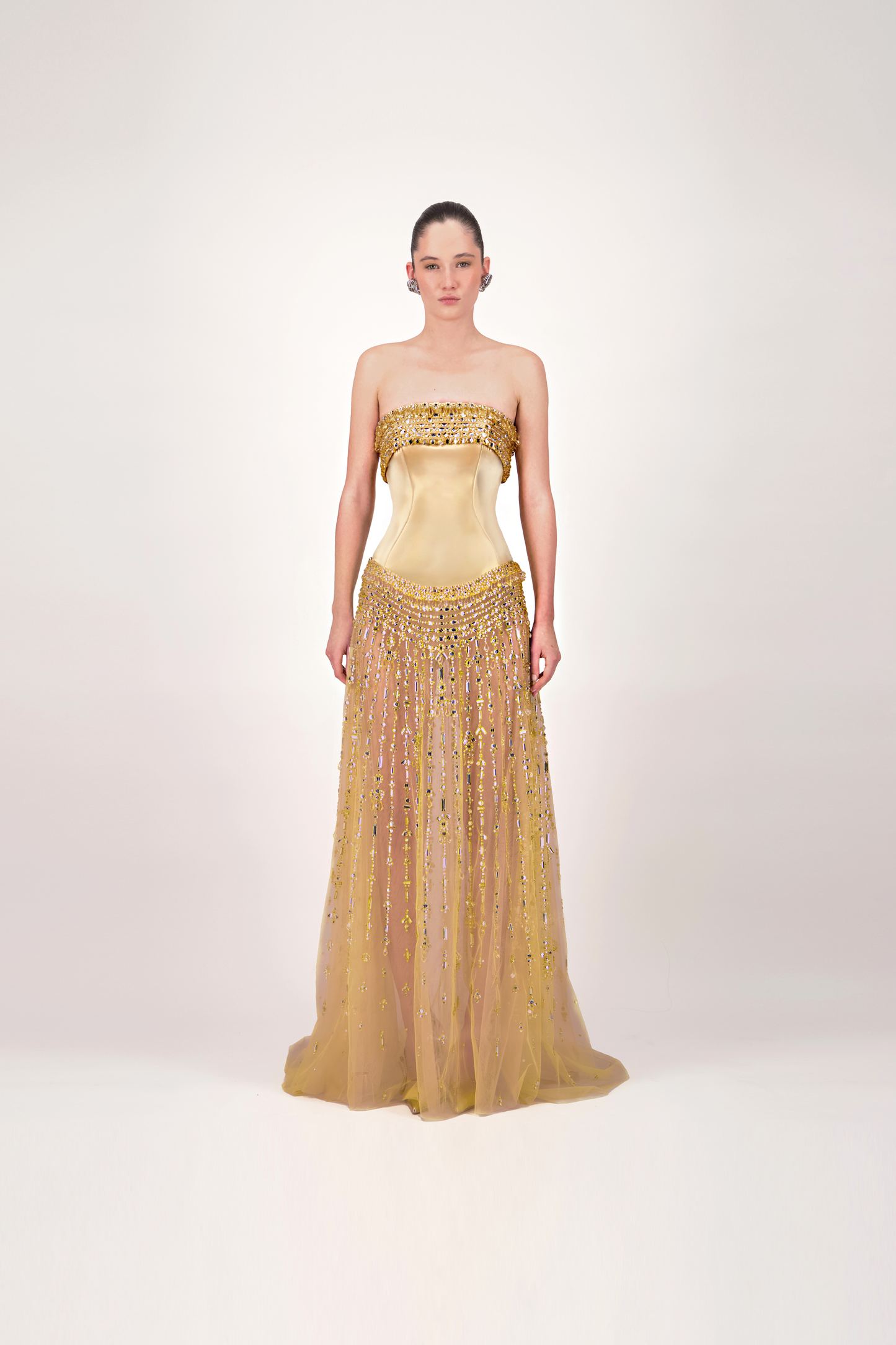 Strapless Embellished Tulle Long Dress