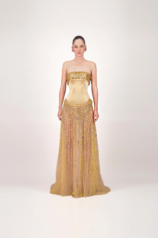 Strapless Embellished Tulle Long Dress