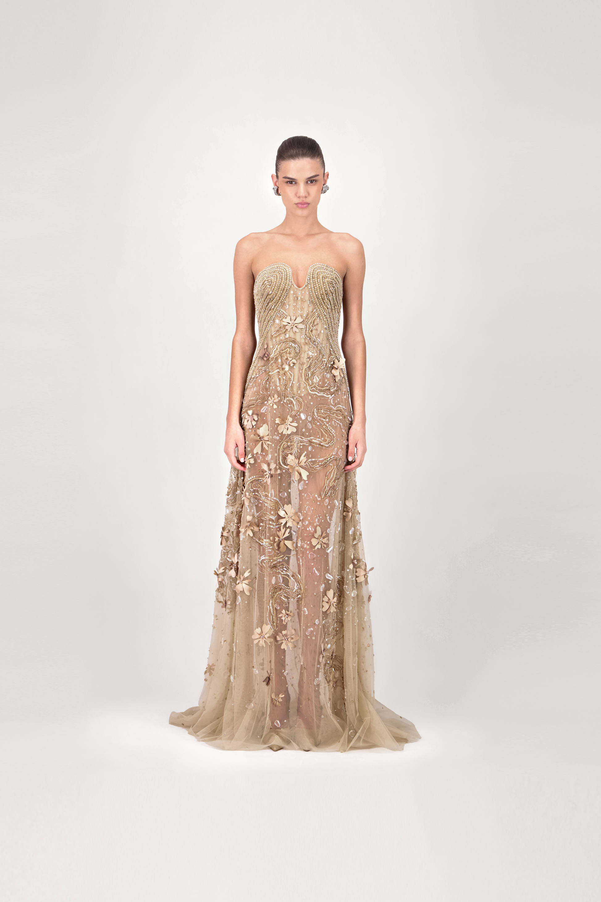 Strapless Embroidered Sheer Long Dress Georges Hobeika Strapless Embroidered Sheer Long Dress Georges Hobeika