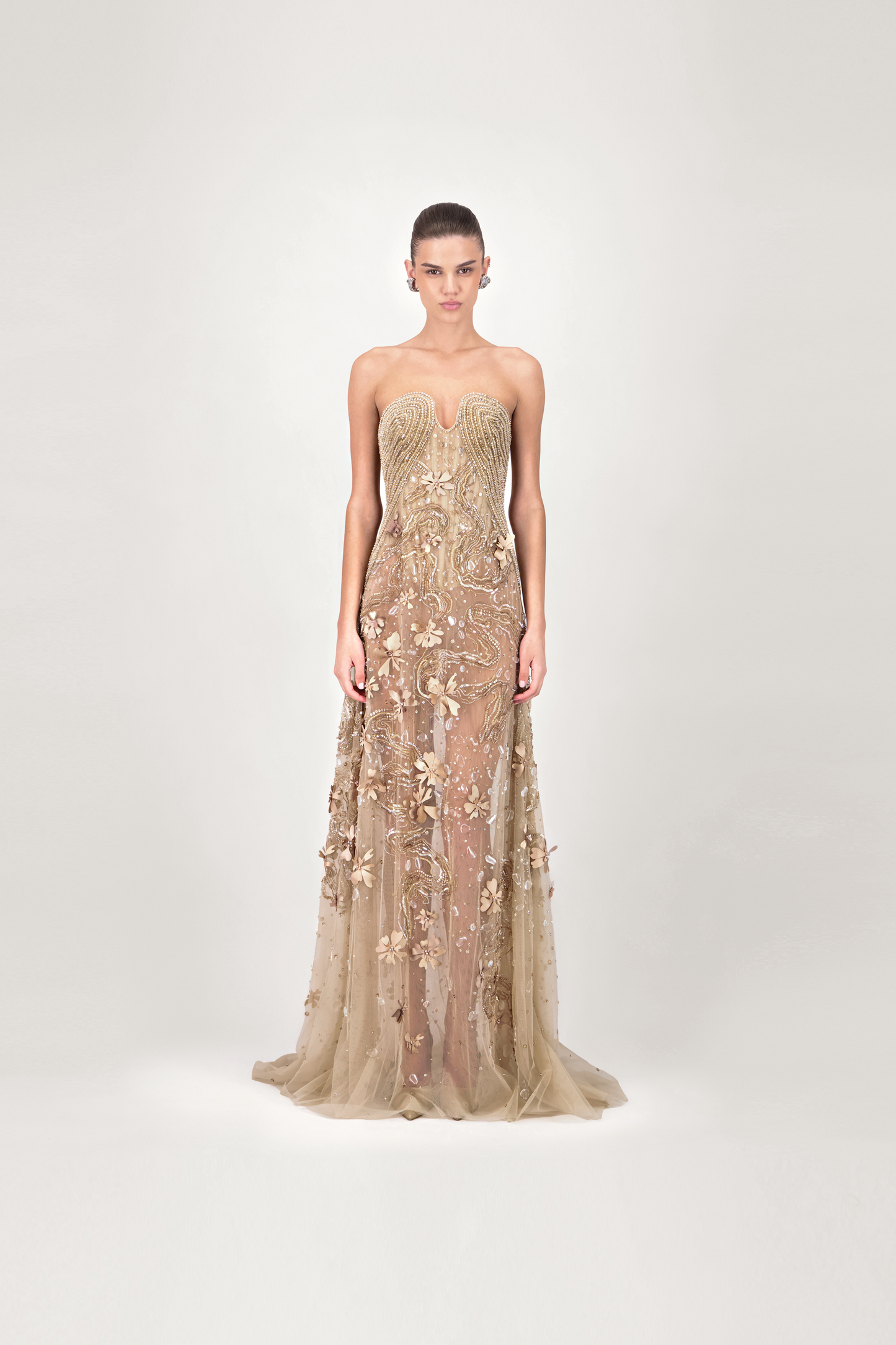 Strapless Embroidered Sheer Long Dress