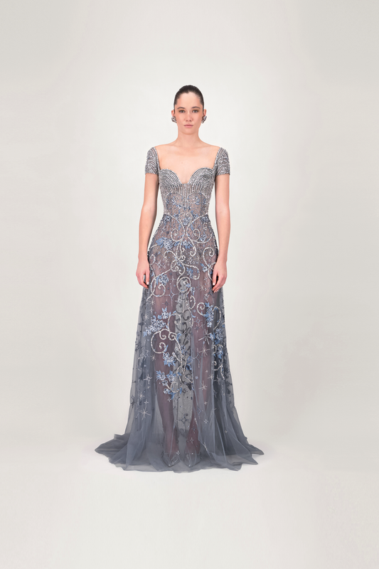Cap Sleeve Embroidered Long Dress