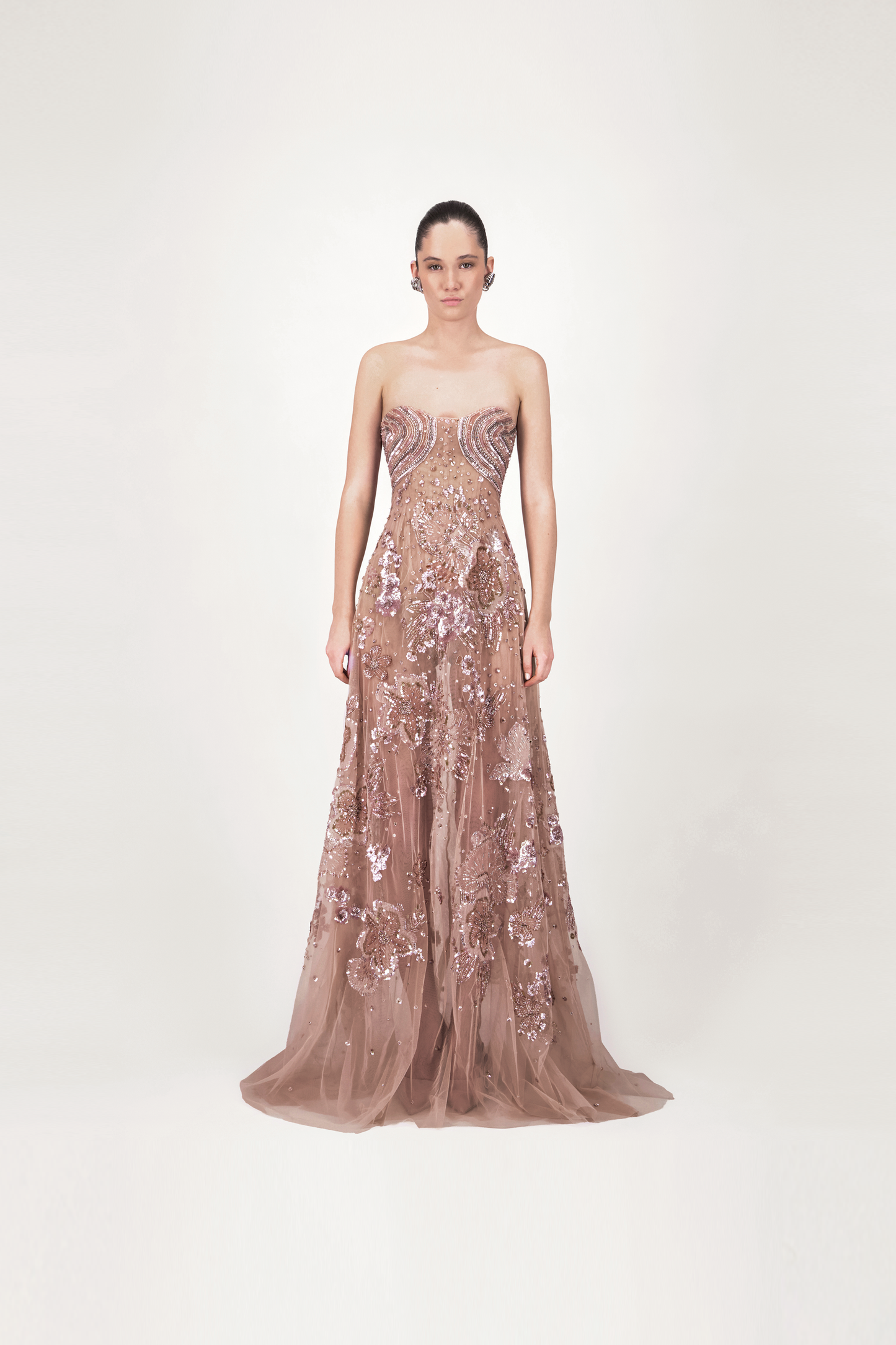 Strapless Embroidered Flared Long Dress