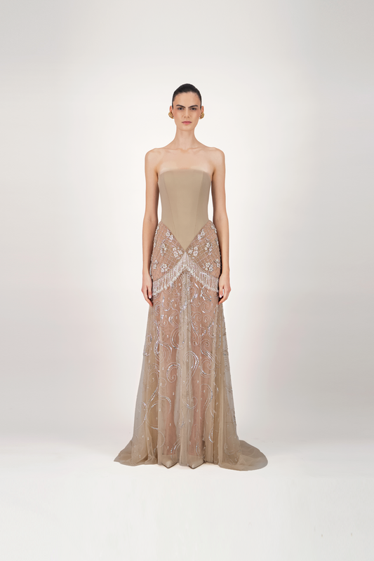 Strapless Embroidered Tulle Long Dress