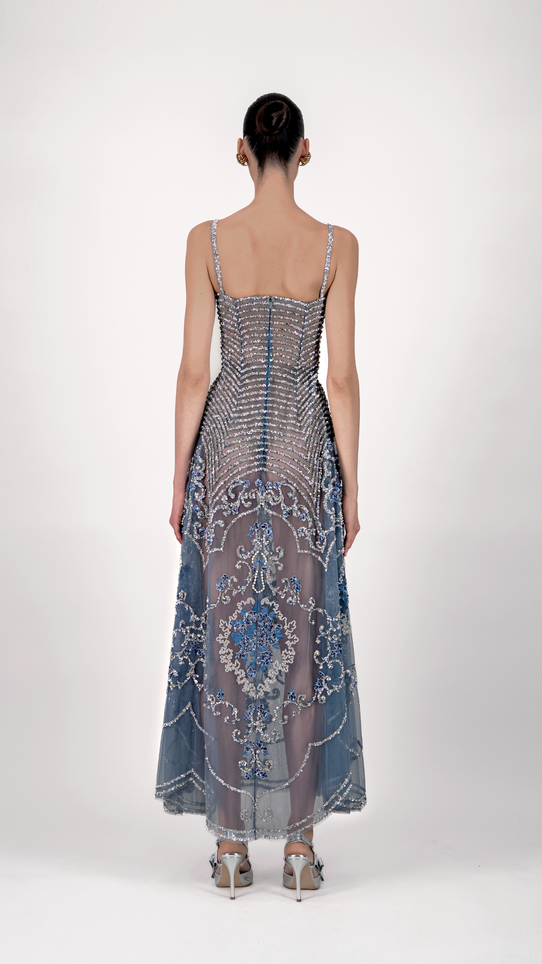 Beaded Floral Tulle Midi Dress
