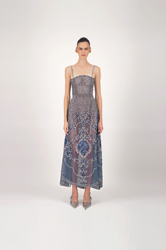 Beaded Floral Tulle Midi Dress