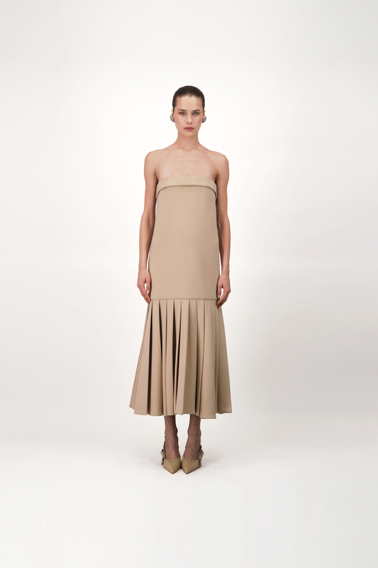 Strapless Pleated Midi Dress