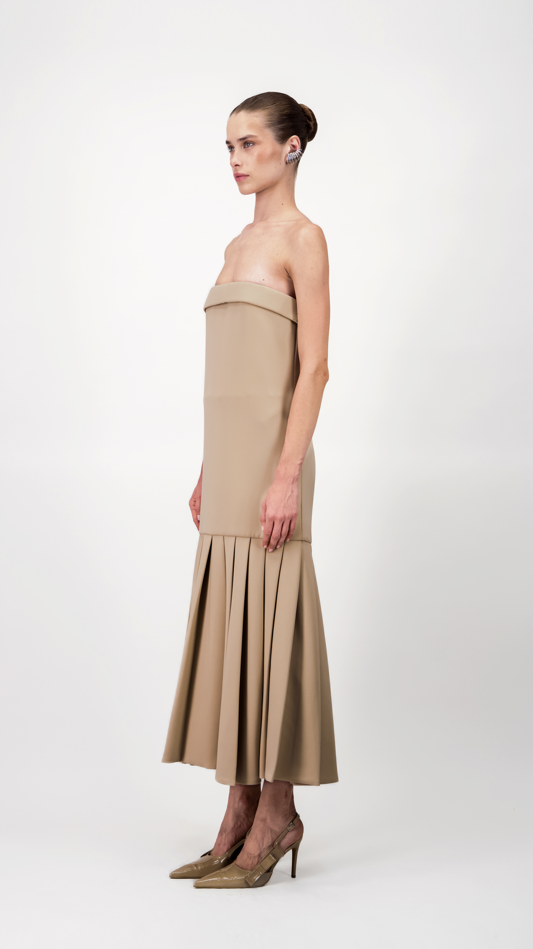 Strapless Pleated Midi Dress